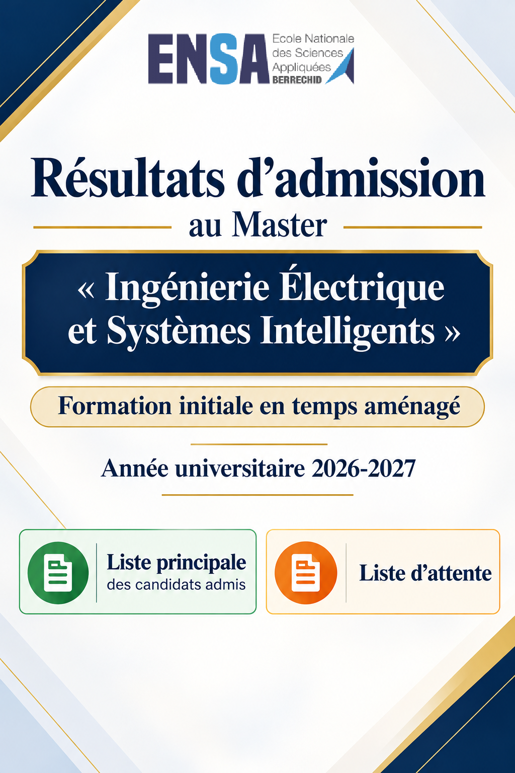 Résultats d’admission au Master Ingénierie Électrique et Systèmes Intelligents (IESI) 2026/2027